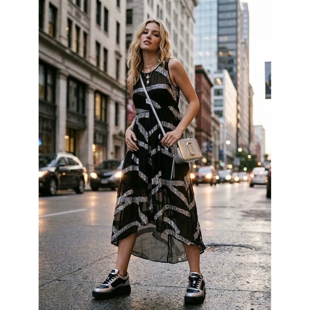 Marc by Marc Jacobs Silver Metallic Zebra Silk Midi Dress Black M1113305 Size 6